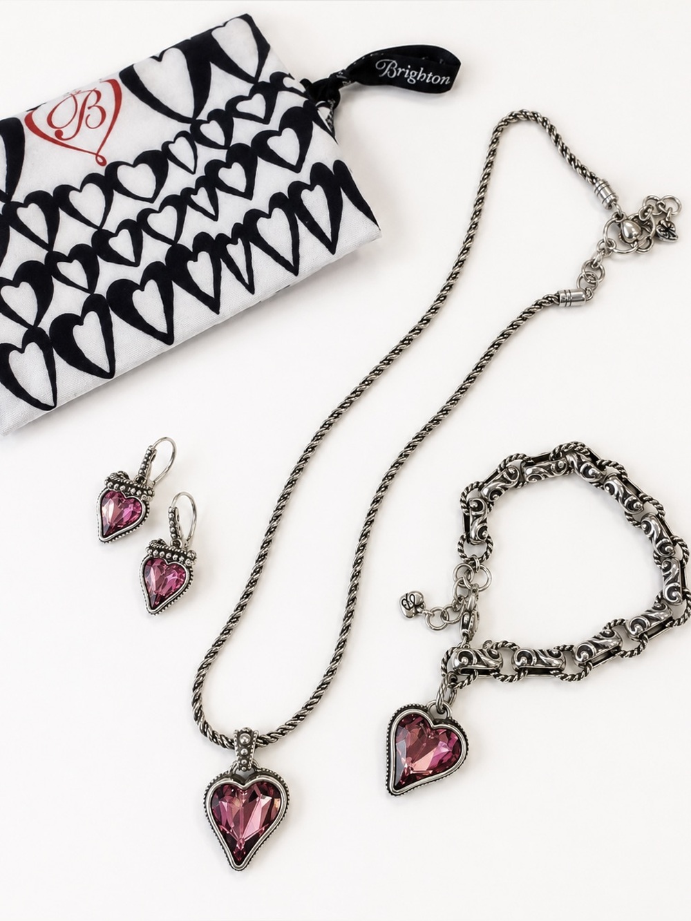 Brighton Bibi Pink Heart Jewelry Set Necklace Bracelet Earrings w Pouch